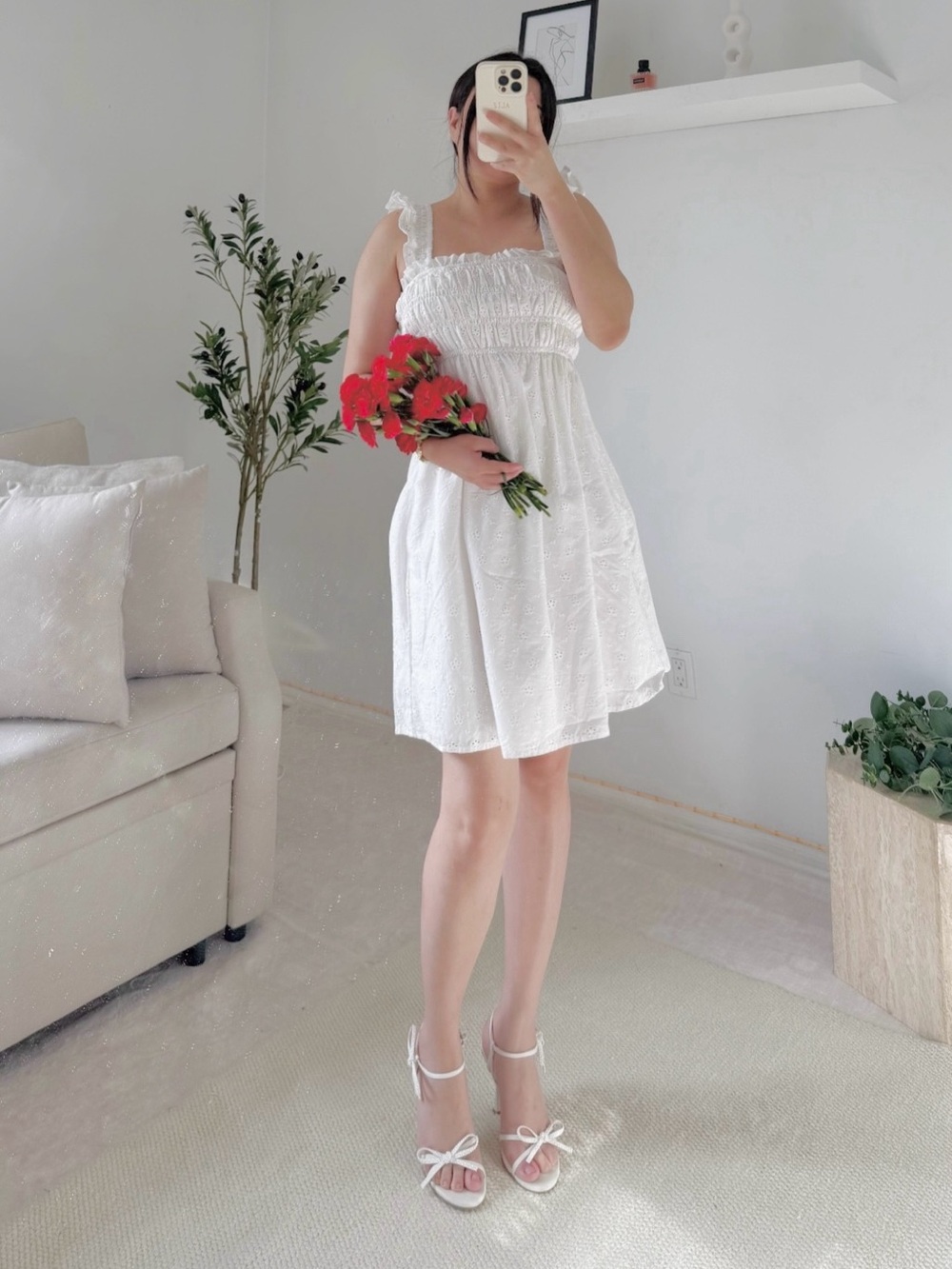 White Ruffle-Strap Smocked Mini Dress